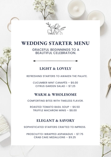 Free White Wedding Starter Menu Template to Edit Online