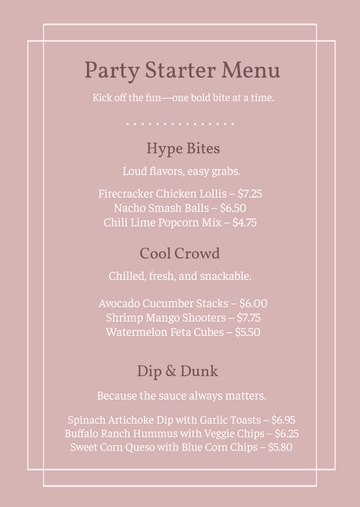 Free Professional Party Starter Menu Template to Edit Online