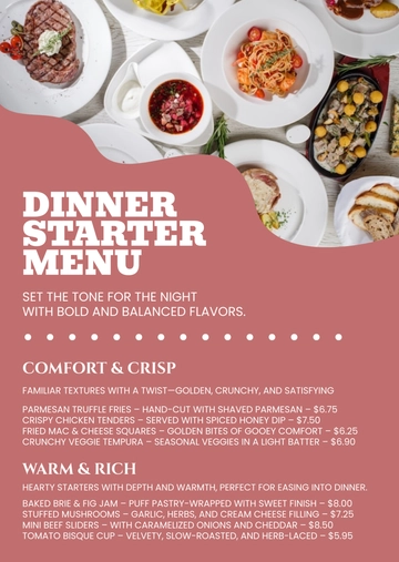Free Starter Menu for Dinner Template to Edit Online