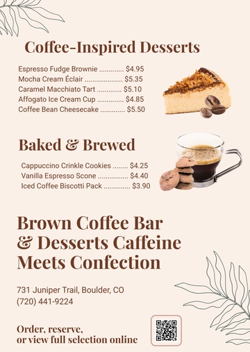 Free Brown Coffee Dessert Menu Template to Edit Online