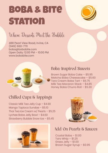 Free Boba Dessert Menu Template to Edit Online
