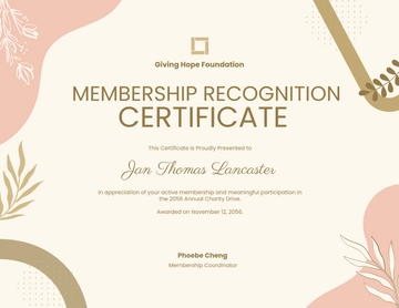 Free Aesthetic Membership Recognition Certificate Template to Edit Online