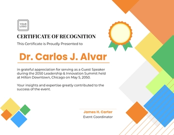 Free Colorful Guest Speaker Recognition Certificate Template to Edit Online