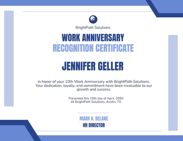 Free Work Anniversary Recognition Certificate Template to Edit Online