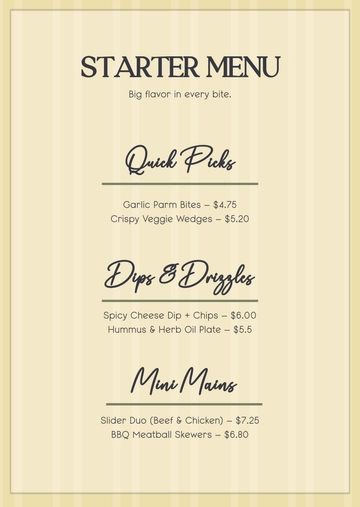 Free Small Starter Menu Template to Edit Online
