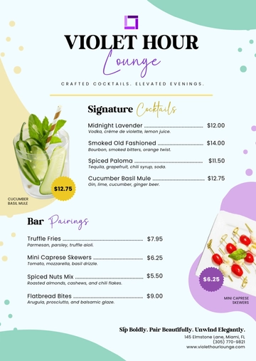Free Colorful Cocktail Restaurant  Menu Template to Edit Online