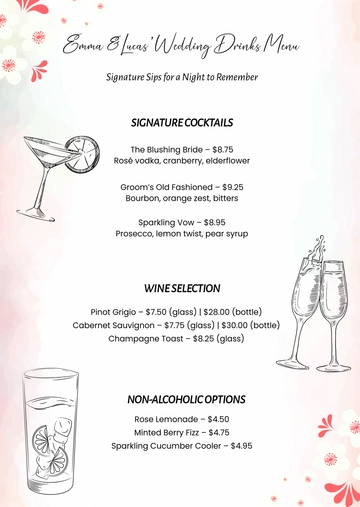 Free Wedding Drinks Menu Template to Edit Online