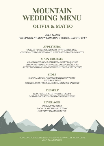 Free Colorful Mountain Wedding Menu Template to Edit Online