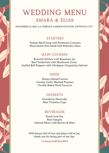 Free Pink Terracotta Wedding Menu Template to Edit Online