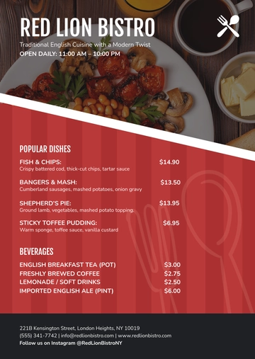 Free English Food Menu Template to Edit Online