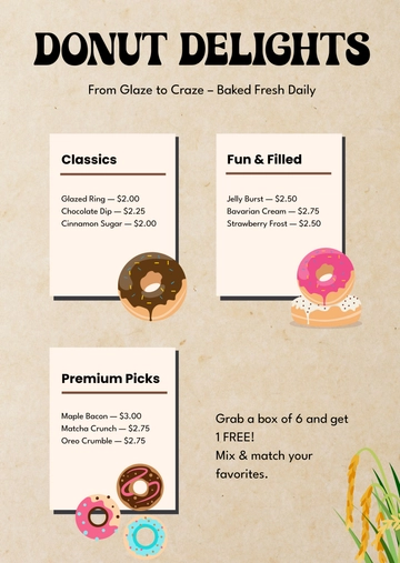 Free Beige Bakery Donut Menu Template to Edit Online