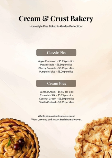 Free Cream Brown Bakery Pie Menu Template to Edit Online