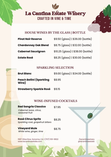 Free Winery Drink Menu Template to Edit Online