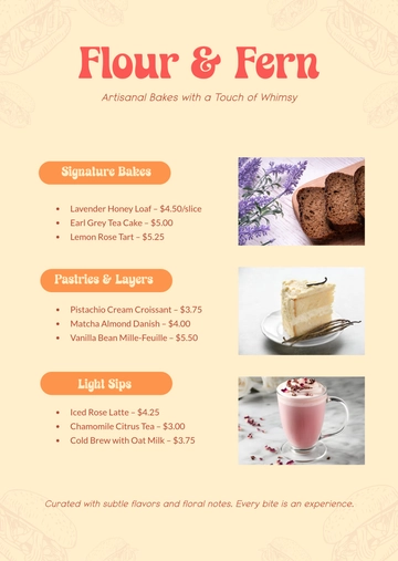 Free Aesthetic Bakery Menu with Price Template to Edit Online