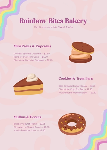 Free Colorful Bakery Menu for Kids Template to Edit Online