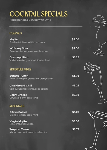 Free Chalkboard Cocktail Menu Template to Edit Online