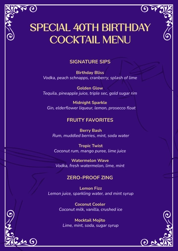 Free Birthday Cocktail Menu Template to Edit Online