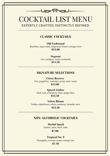 Free Elegant Cocktail List Menu Template to Edit Online