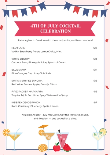 Free 4th of July Cocktail Menu Template to Edit Online