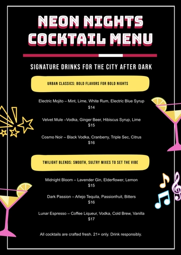 Free Modern Nightclub Cocktail Menu Template to Edit Online