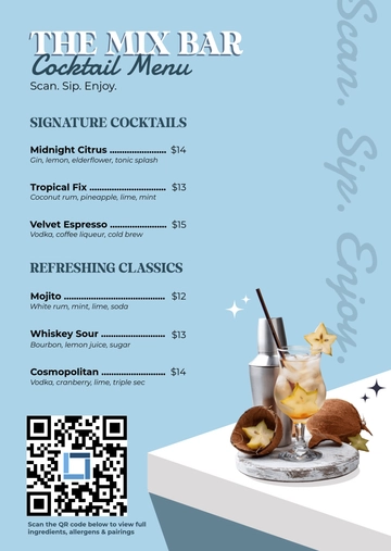 Free Cocktail Menu with QR Code Template to Edit Online