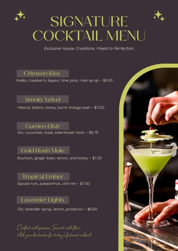 Free Signature Cocktail Menu Template to Edit Online