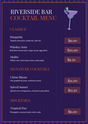 Free Cocktail Menu with Prices Template to Edit Online