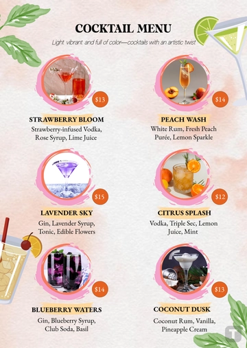 Free Watercolor Cocktail Menu Template to Edit Online