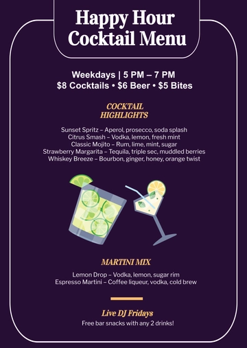 Free Happy Hour Cocktail Menu Template to Edit Online
