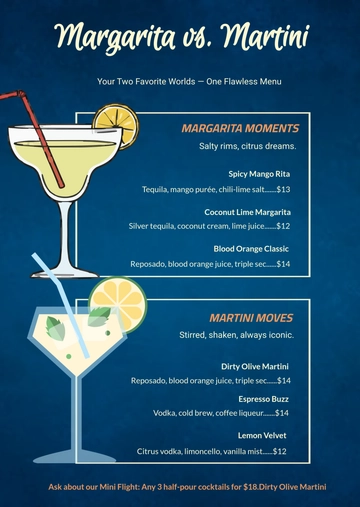 Free Margarita and Martini Cocktail Menu Template to Edit Online