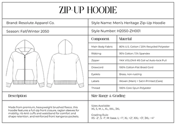 Free Zip-Up Hoodie Tech Pack Template to Edit Online