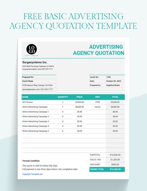 Basic Advertising Agency Quotation Template