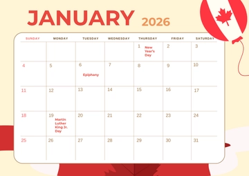 Free Simple January 2026 Canada Calendar Template to Edit Online