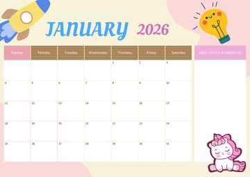 Free January 2026 Calendar for Kids Template to Edit Online