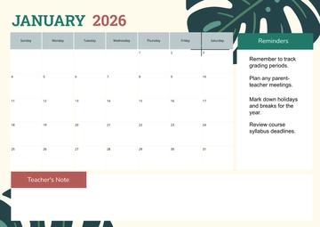 Free January 2026 Calendar for Teachers Template to Edit Online