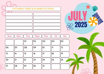 Free July 2025 Summer Calendar Template to Edit Online
