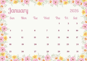 Free Floral Background January 2026 Calendar Template to Edit Online