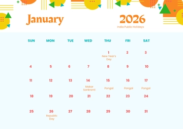 Free Creative January 2026 India Calendar Template to Edit Online