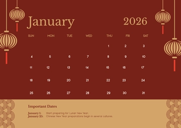 Free January 2026 Lunar Calendar Template to Edit Online