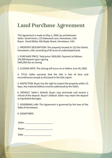 Free One Page Land Purchase Agreement Template to Edit Online