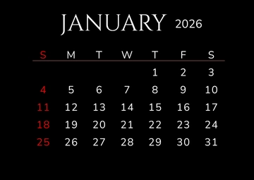 Free Black January 2026 Calendar Template to Edit Online