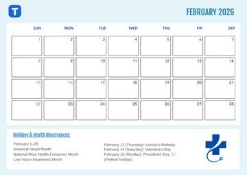 Free February 2026 Calendar for Professional Nurses Template to Edit Online
