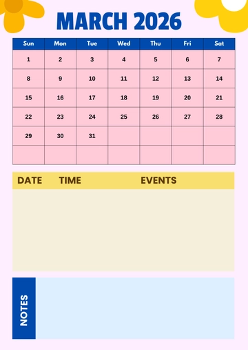 Free March 2026 Time and Date Calendar Template to Edit Online