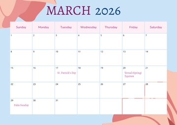 Free March 2026 with Holidays Calendar Template to Edit Online