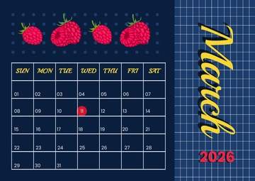 Free March 2026 Raspberry Calendar Template to Edit Online