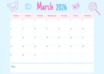 Free March 2026 Calendar for Kids Template to Edit Online