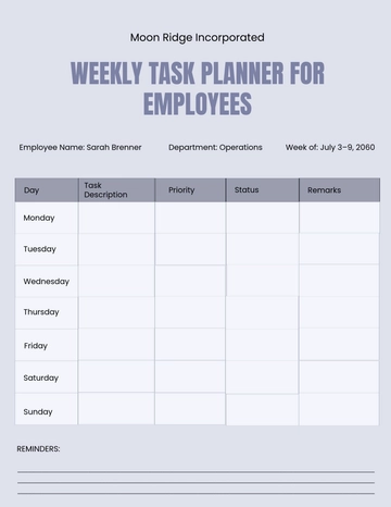 Free Weekly Task Planner for Employees Template to Edit Online
