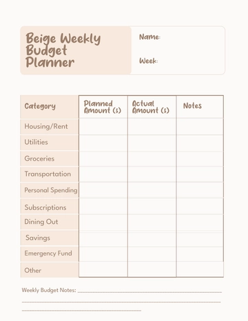 Free Beige Weekly Budget Planner Template to Edit Online