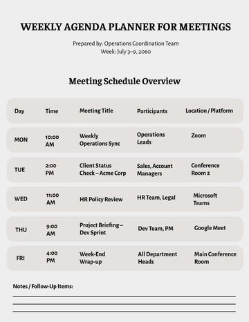 Free Weekly Agenda Planner for Meetings Template to Edit Online