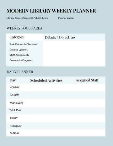 Free Modern Library Weekly Planner Template to Edit Online